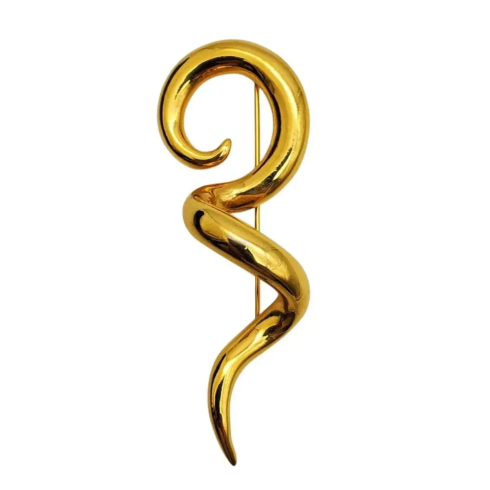 Gold Tone Abstract Swirl Brooch 1980s Modernist Pin Sculptural Statement Vintage